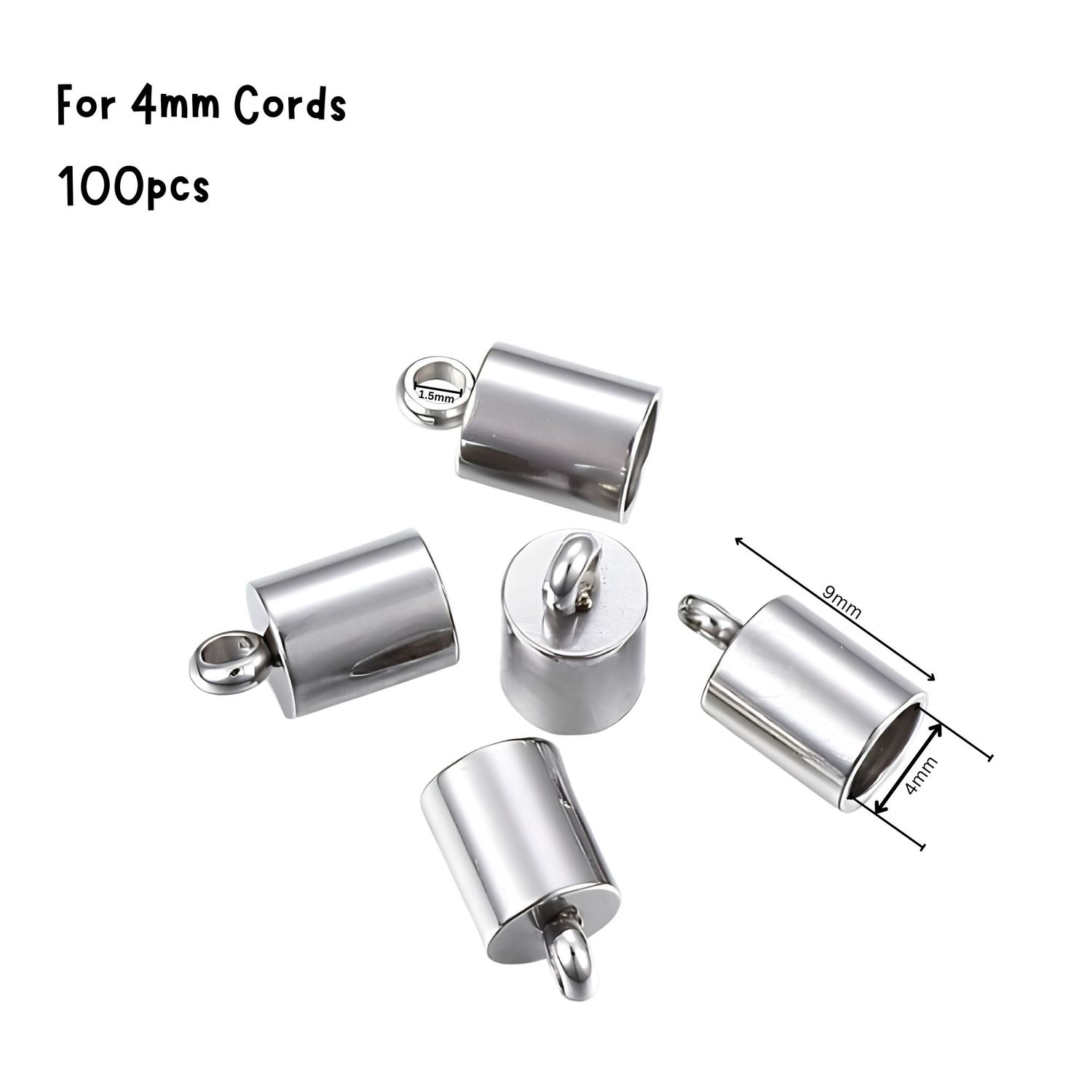 Stainless Steel Glue In End Caps, Cord Ends, 100pcs, 9x5mm, Inner Diameter 4mm, Hole 1.5mm, 1.62oz