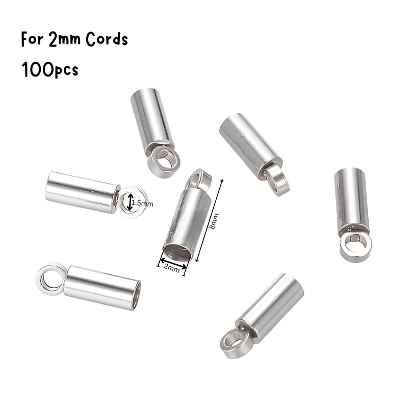 Stainless Steel Glue In End Caps, Cord Ends, 100pcs, 8x2.5mm, Inner Diameter 2mm, Hole 1.5mm, 0.60oz