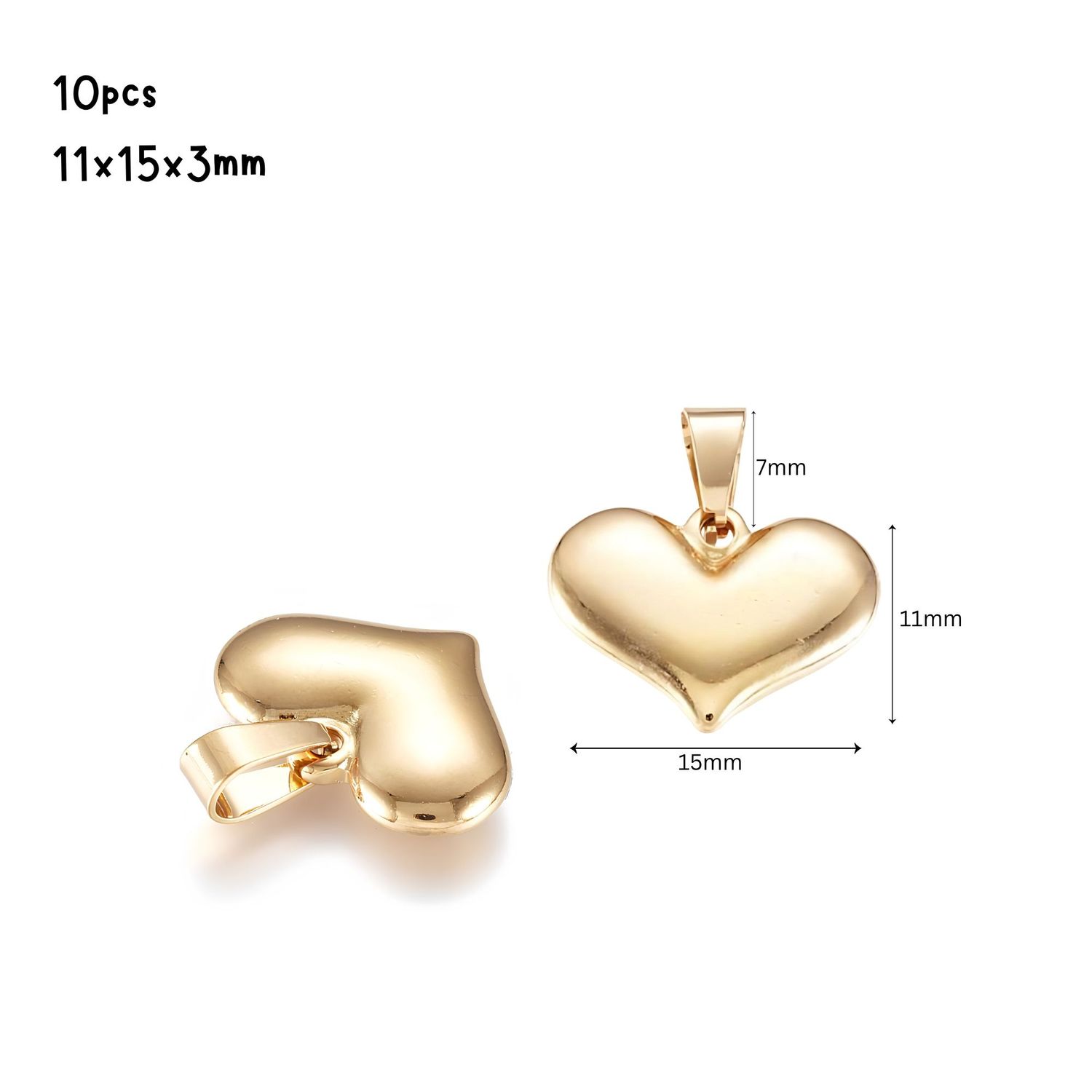 GP Stainless Steel Heart, 10pcs, 11x15x3mm, Bail 7x5mm, Charms/Pendants, 0.99oz