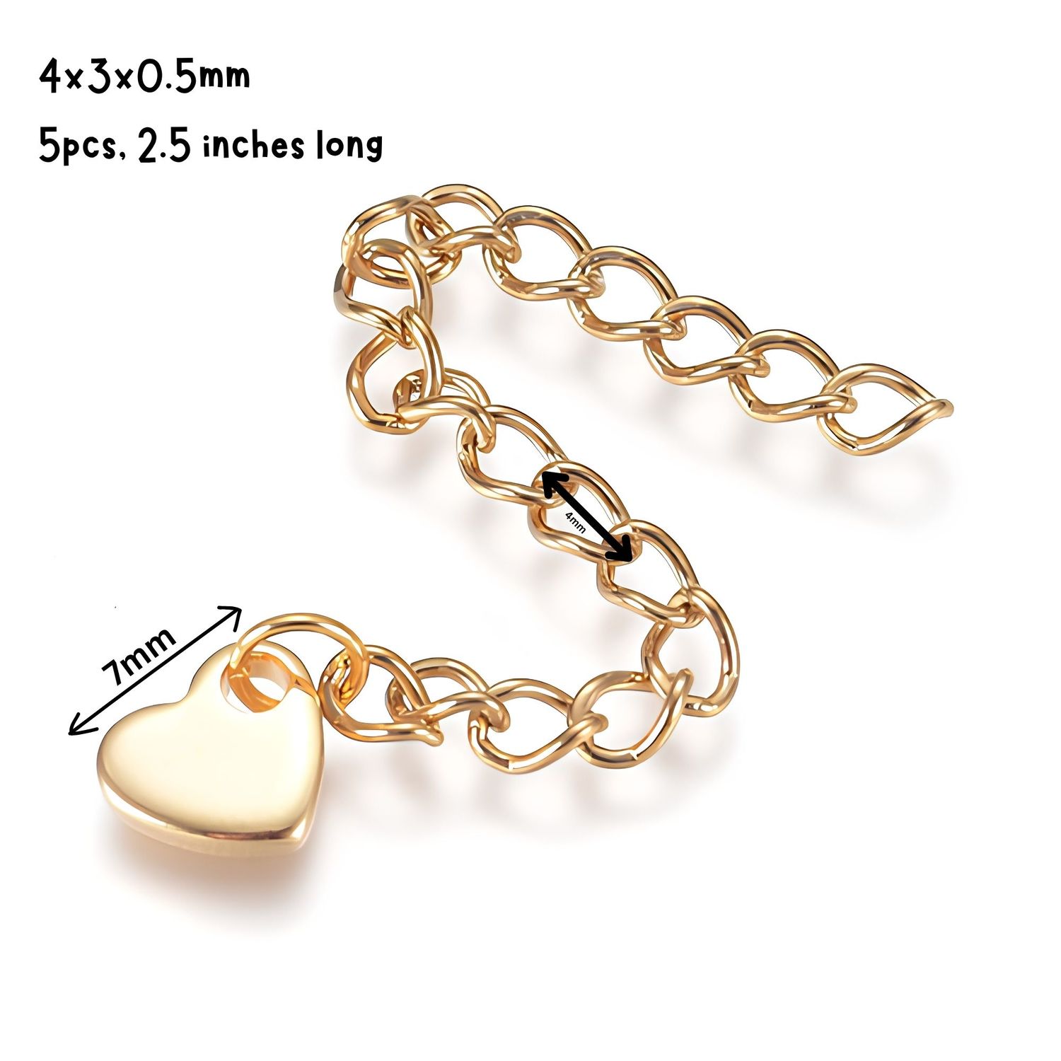 GP Stainless Steel Extender Curb Chains, 5pcs, 4x3x0.5mm, 2.5" Long, w/7x1mm Heart Charms, 0.63oz