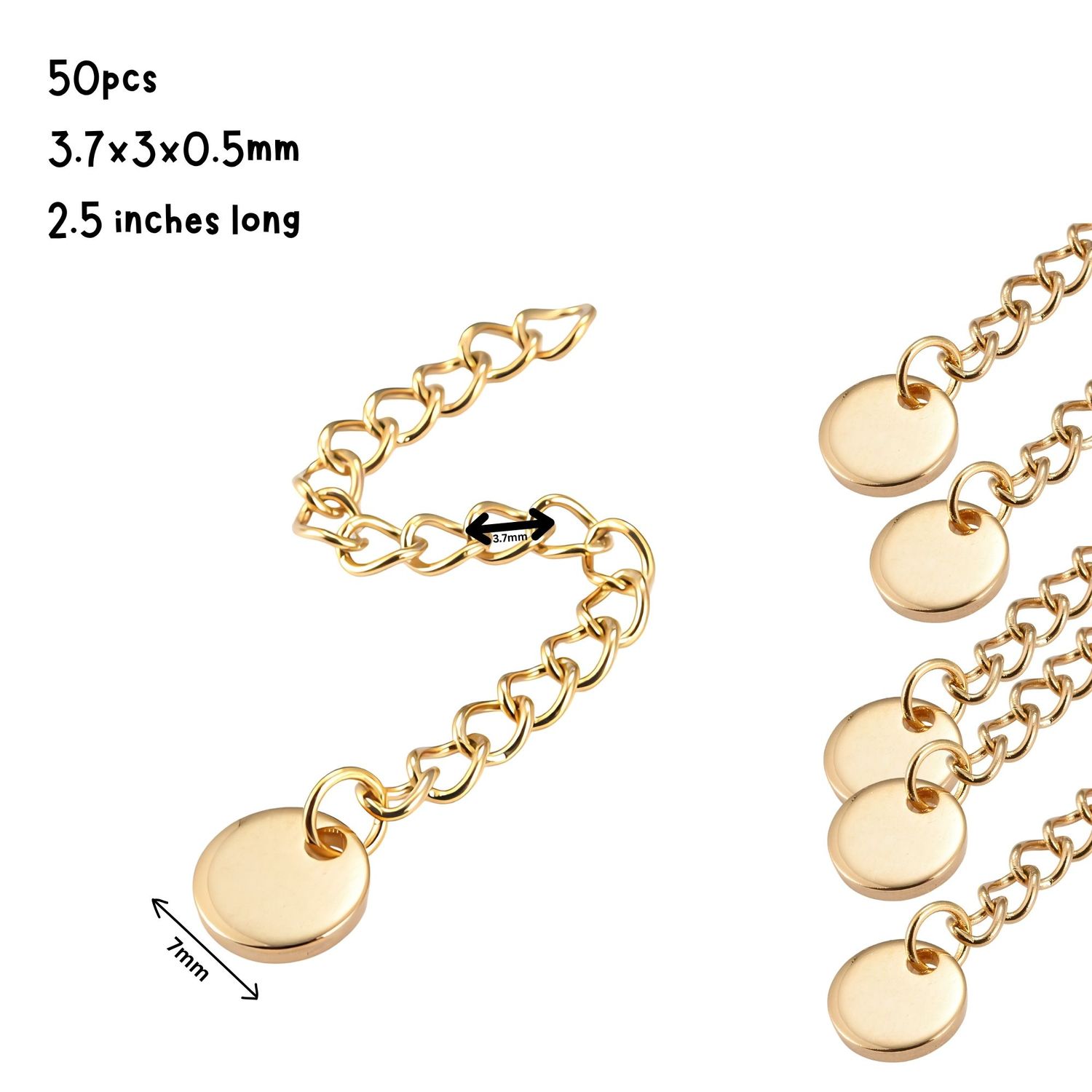 GP Stainless Steel Extender Curb Chains, 50pcs, 3.7x3x0.5mm, 2.5" Long, w/7x1mm Disc Charms, 1.27oz