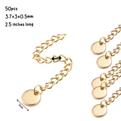 GP Stainless Steel Extender Curb Chains, 50pcs, 3.7x3x0.5mm, 2.5" Long, w/7x1mm Disc Charms, 1.27oz
