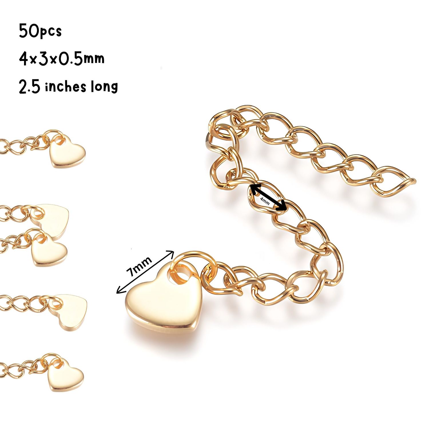 GP Stainless Steel Extender Curb Chains, 50pcs, 4x3x0.5mm, 2.5" Long, w/7x1mm Heart Charms, 1.20oz
