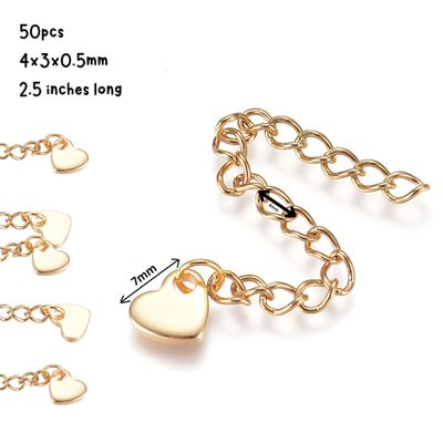 GP Stainless Steel Extender Curb Chains, 50pcs, 4x3x0.5mm, 2.5" Long, w/7x1mm Heart Charms, 1.20oz