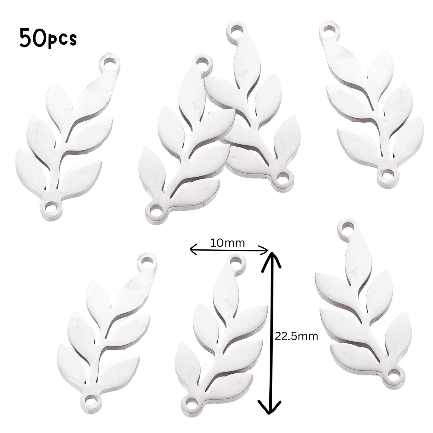 Stainless Steel Leaf, 50pcs, 22.5x10x1.5mm, Hole 1.2mm, Connectors, Links, 2.26oz