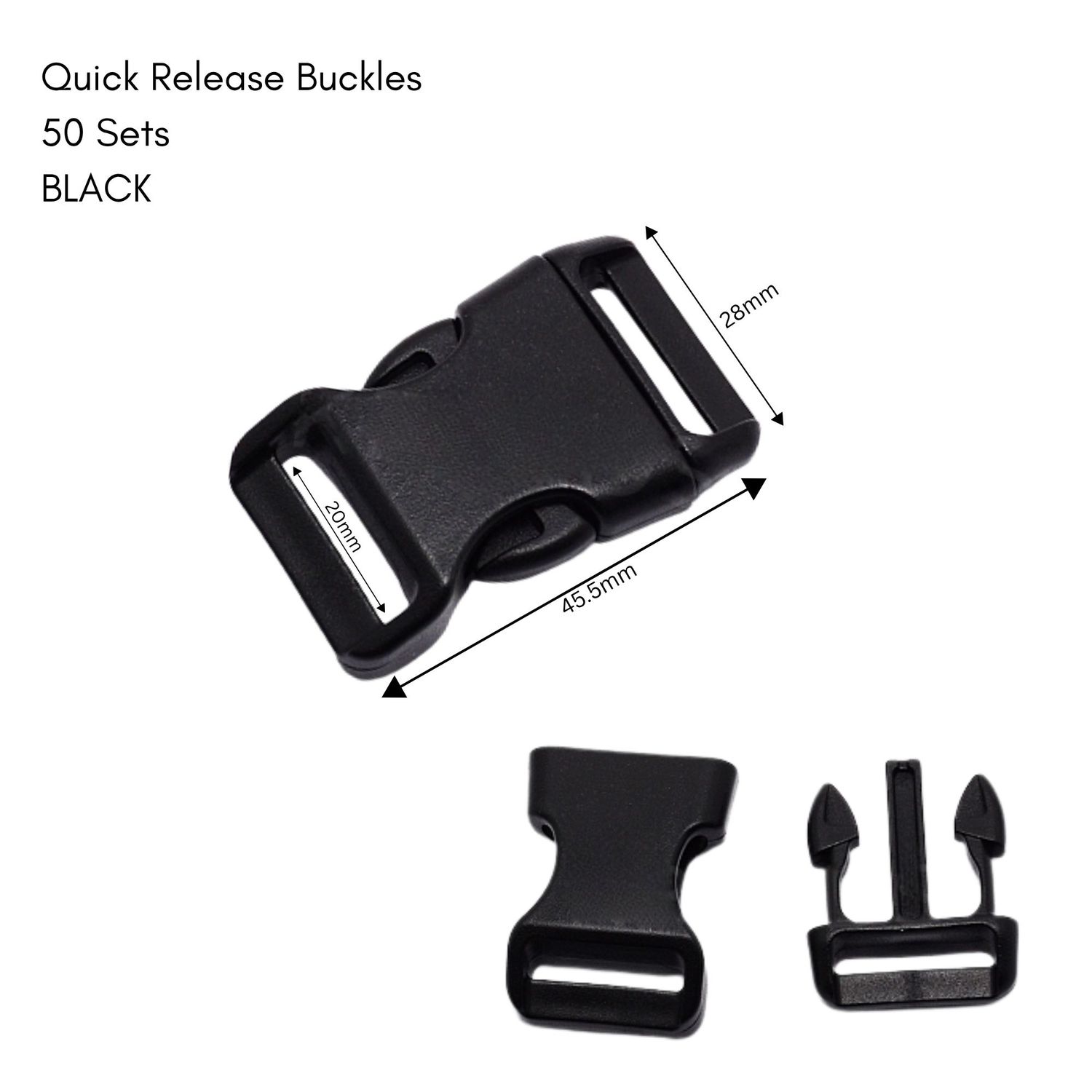 Quick Side Release Plastic Buckles, 50 Sets, Black, 45.5x28x10mm, Hole 20x3mm, Paracord, 12.45oz