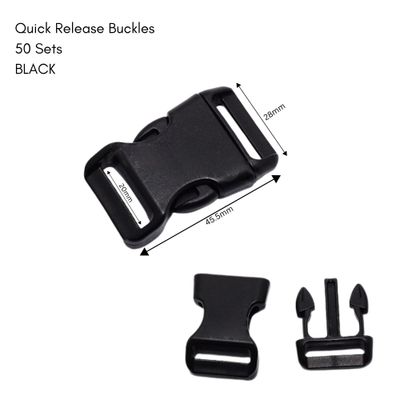 Quick Side Release Plastic Buckles, 50 Sets, Black, 45.5x28x10mm, Hole 20x3mm, Paracord, 12.45oz