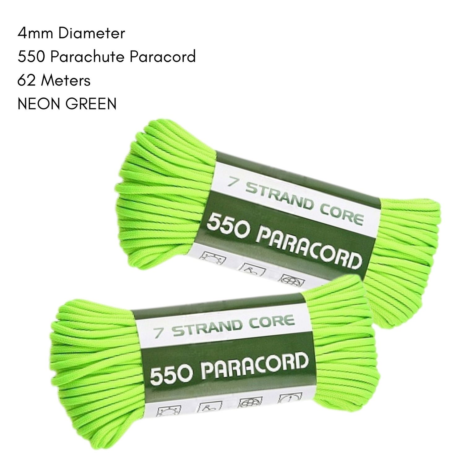 4mm 550 Parachute Paracord, Polyester, 62 Meters, Neon Green, 18.8oz