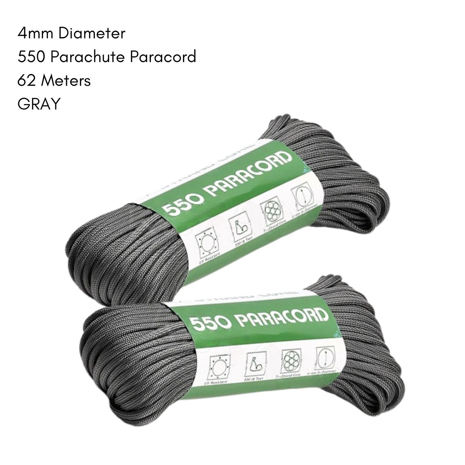 4mm 550 Parachute Paracord, Polyester, 62 Meters, Gray, 18.67oz
