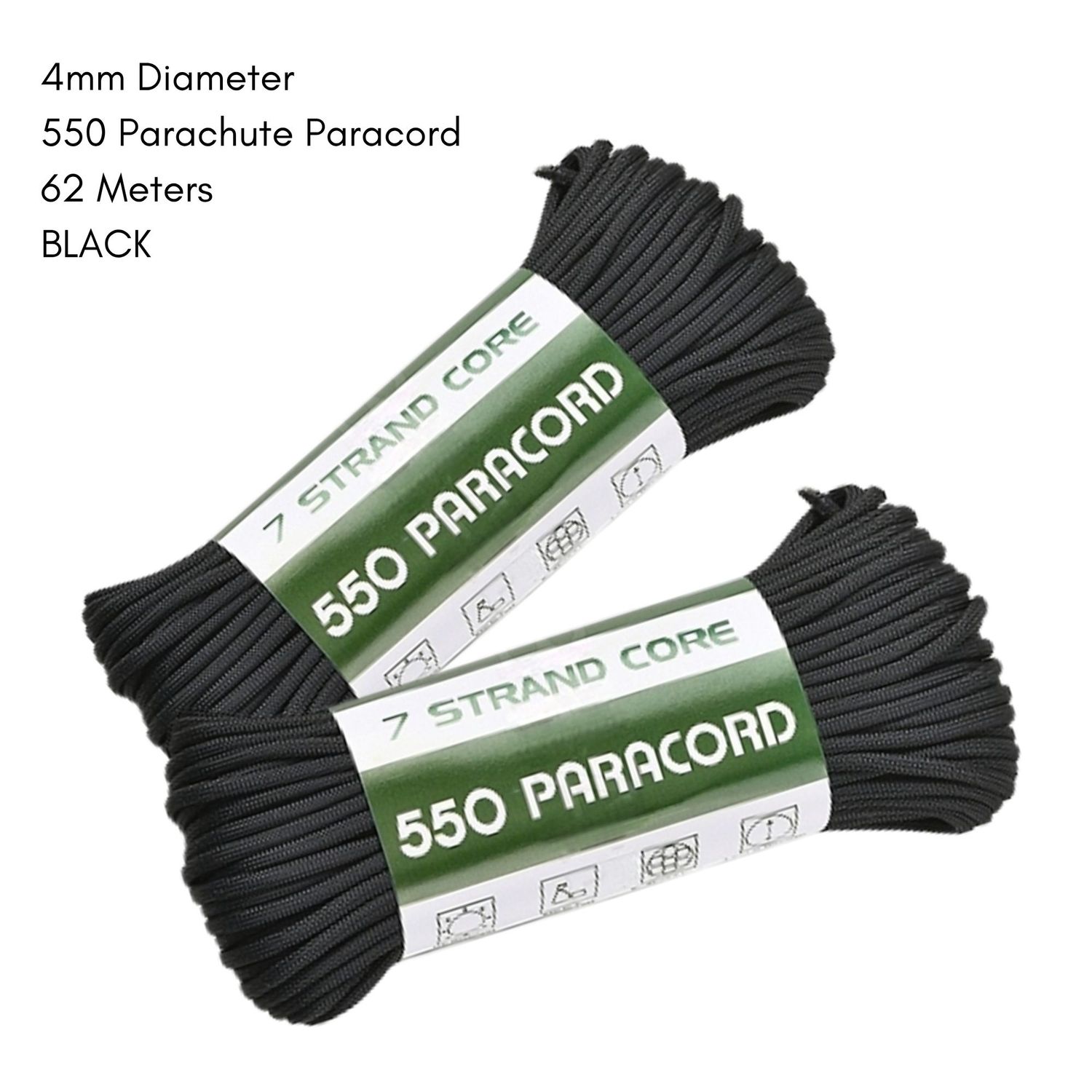 4mm 550 Parachute Paracord, Polyester, 62 Meters, Black, 18.8oz