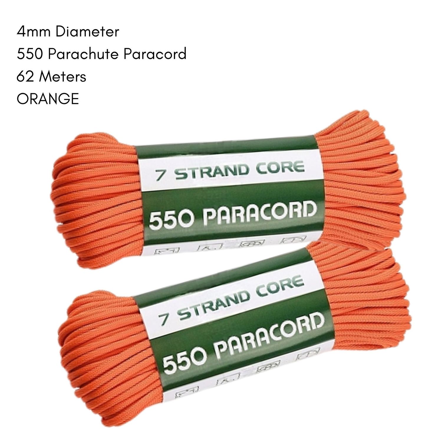 4mm 550 Parachute Paracord, Polyester, 62 Meters, Orange, 18.8oz