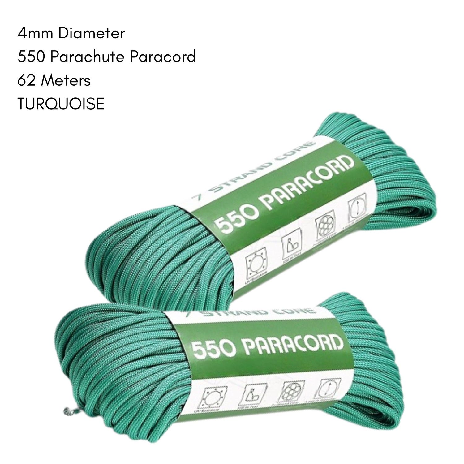 4mm 550 Parachute Paracord, Polyester, 62 Meters, Turquoise, 18.67oz