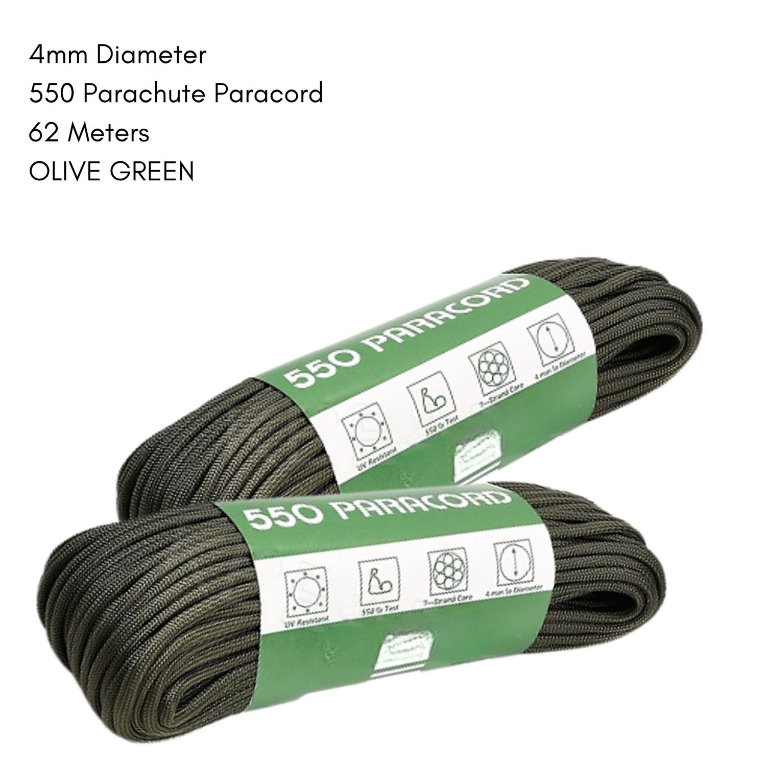 4mm 550 Parachute Paracord, Polyester, 62 Meters, Olive Green, 18.67oz