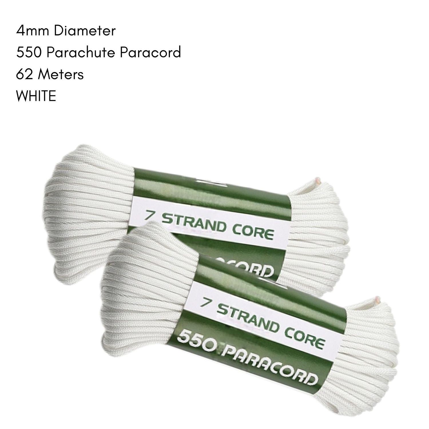 4mm 550 Parachute Paracord, Polyester, 62 Meters, White, 18.8oz