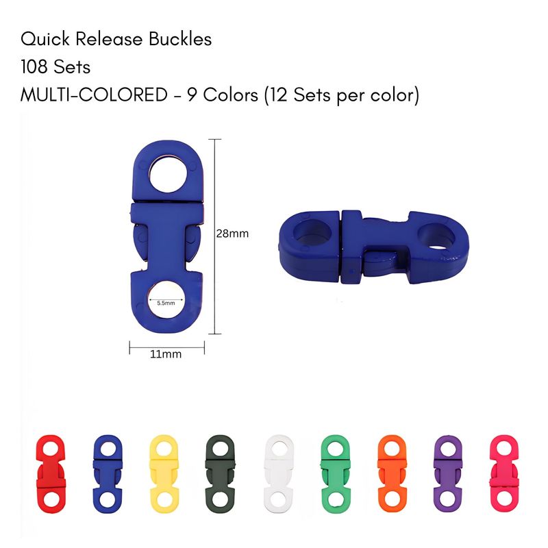 Quick Side Release Plastic Buckles, 108 Sets, Multi Colored, 28x11x6mm, Hole 5.5mm, Paracord, 5.08oz