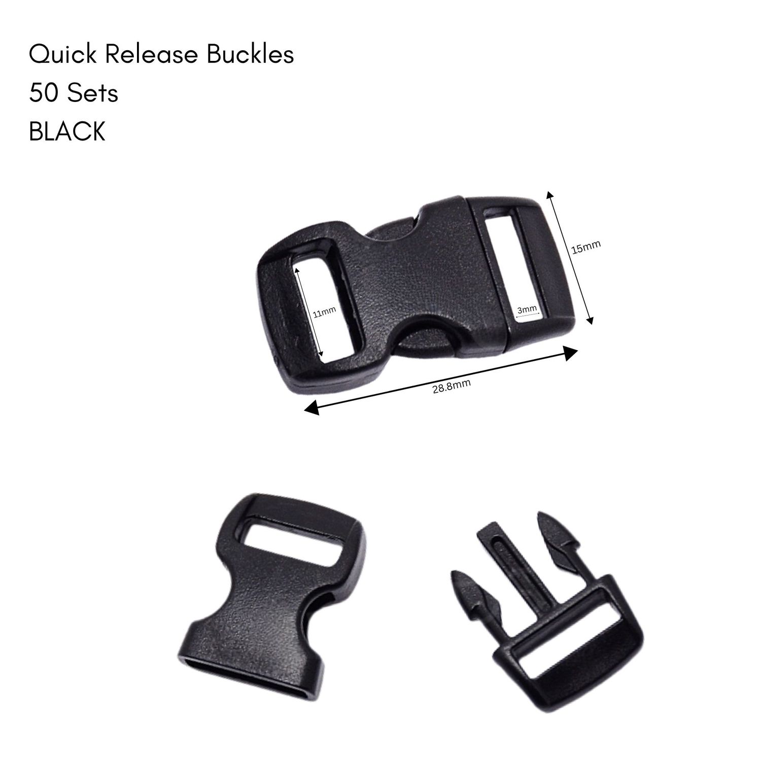 Quick Side Release Plastic Buckles, 50 Sets, Black, 28.8x15x6.5mm, Hole 11x3mm, Paracord, 3.35oz