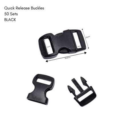Quick Side Release Plastic Buckles, 50 Sets, Black, 28.8x15x6.5mm, Hole 11x3mm, Paracord, 3.35oz