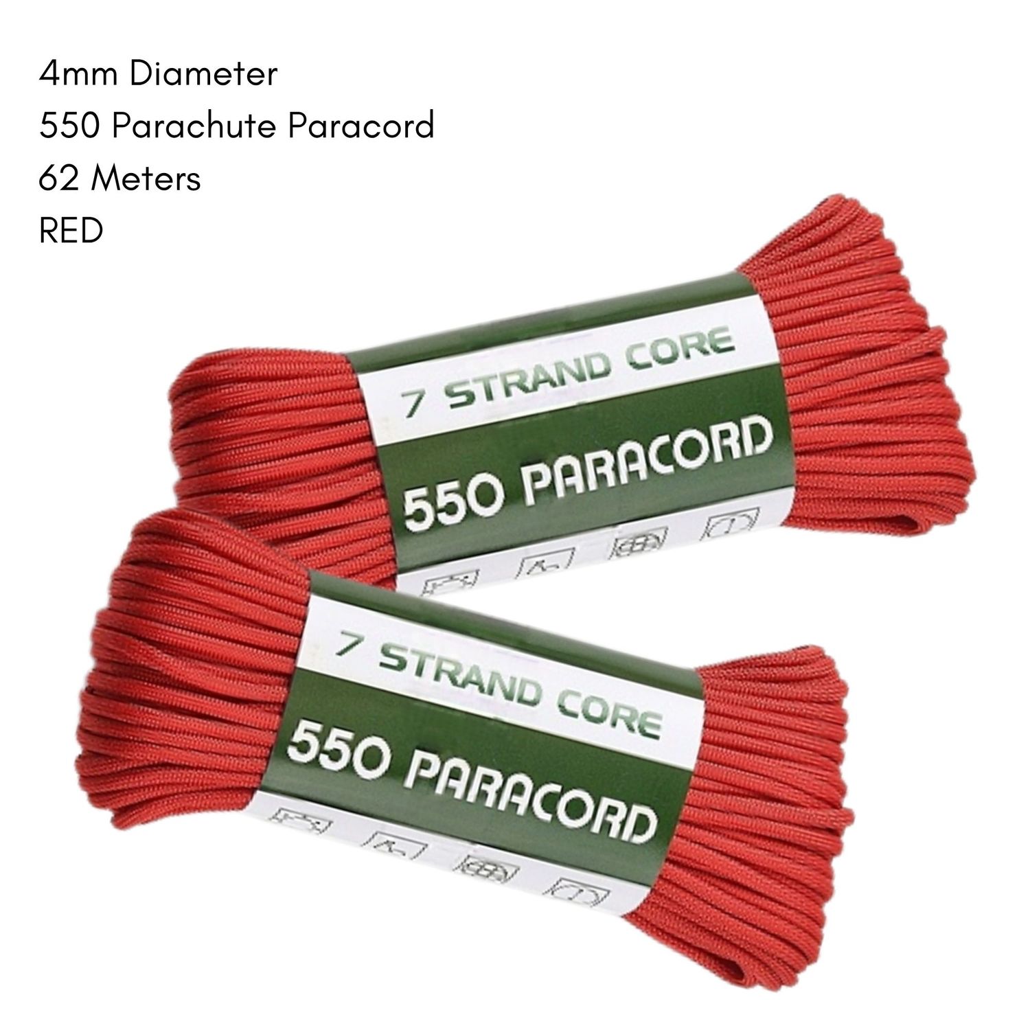 4mm 550 Parachute Paracord, Polyester, 62 Meters, Red, 18.8oz