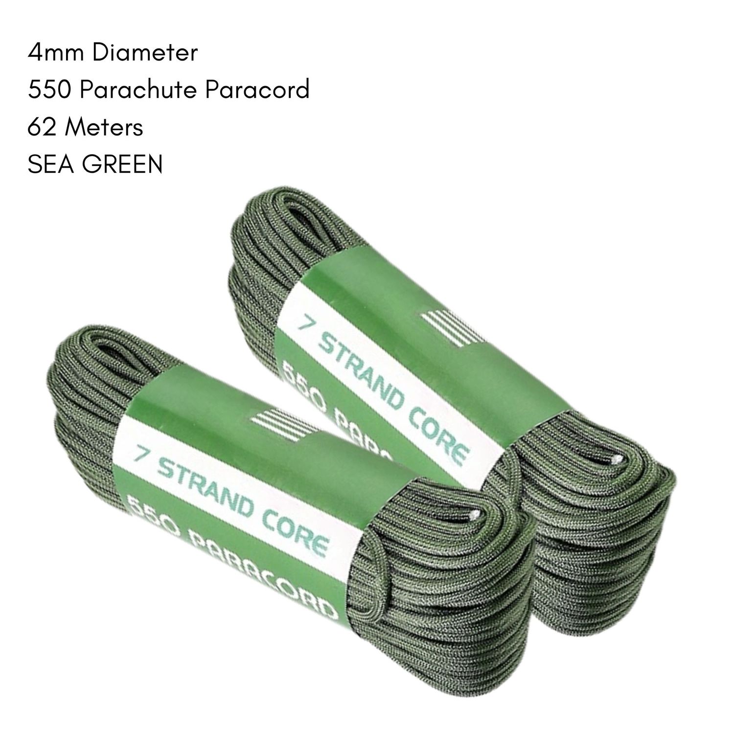 4mm 550 Parachute Paracord, Polyester, 62 Meters, Sea Green, 18.67oz