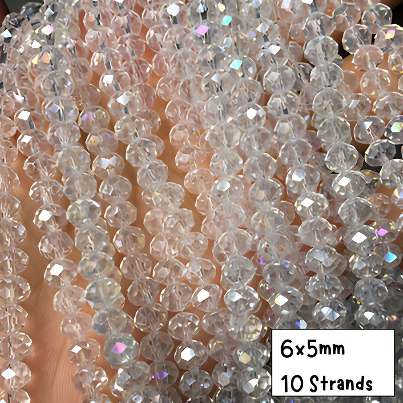6x5mm Faceted Rondelles, 10 Strands, Approx 885pcs, Transparent Crystal AB, Hole 1mm, Glass Beads, 5.82oz