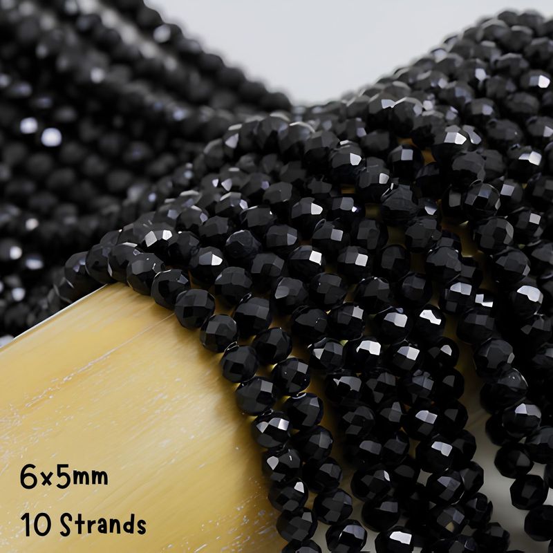 6x5mm Faceted Rondelles, 10 Strands, Approx 850pcs, Opaque Black, Hole 1mm, Glass Beads, 5.82oz
