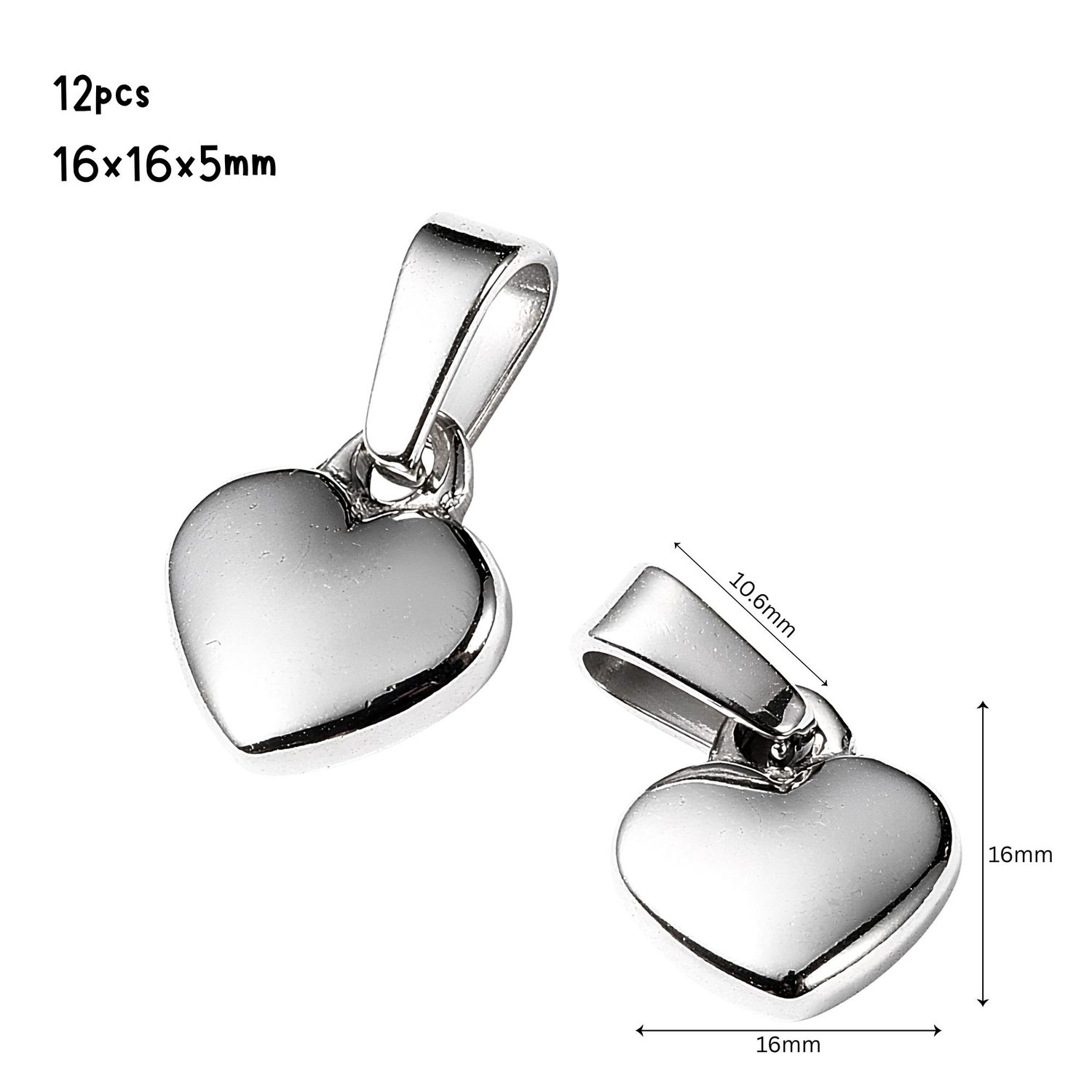 Stainless Steel Hearts, 12pcs, 16x16x5mm, Bail 10x7mm, Hole 7x4mm, Charms/Pendants, 2.08oz