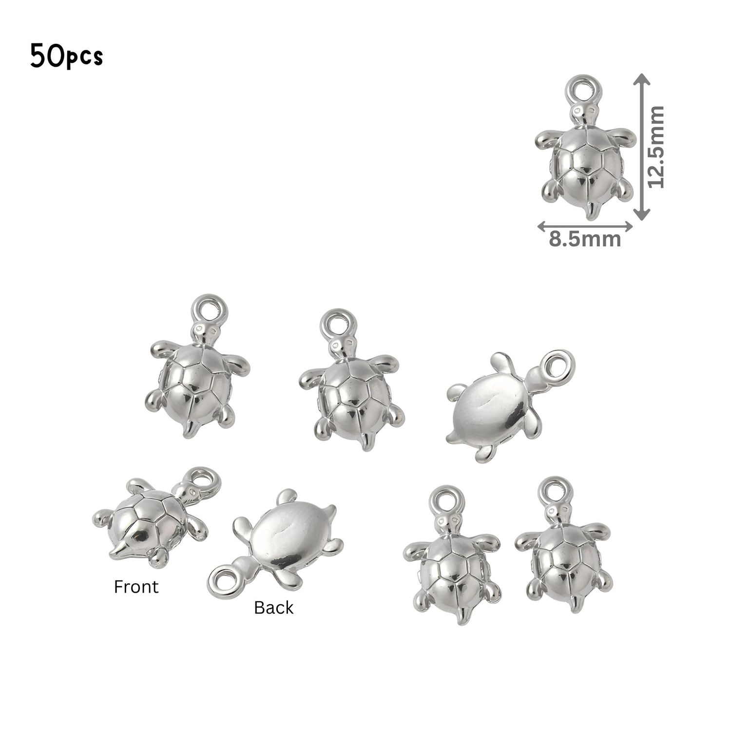 Stainless Steel Turtles, 50pcs, 12.5x8.5x3mm, Hole 1.2mm, Charms/Pendants, 1.16oz