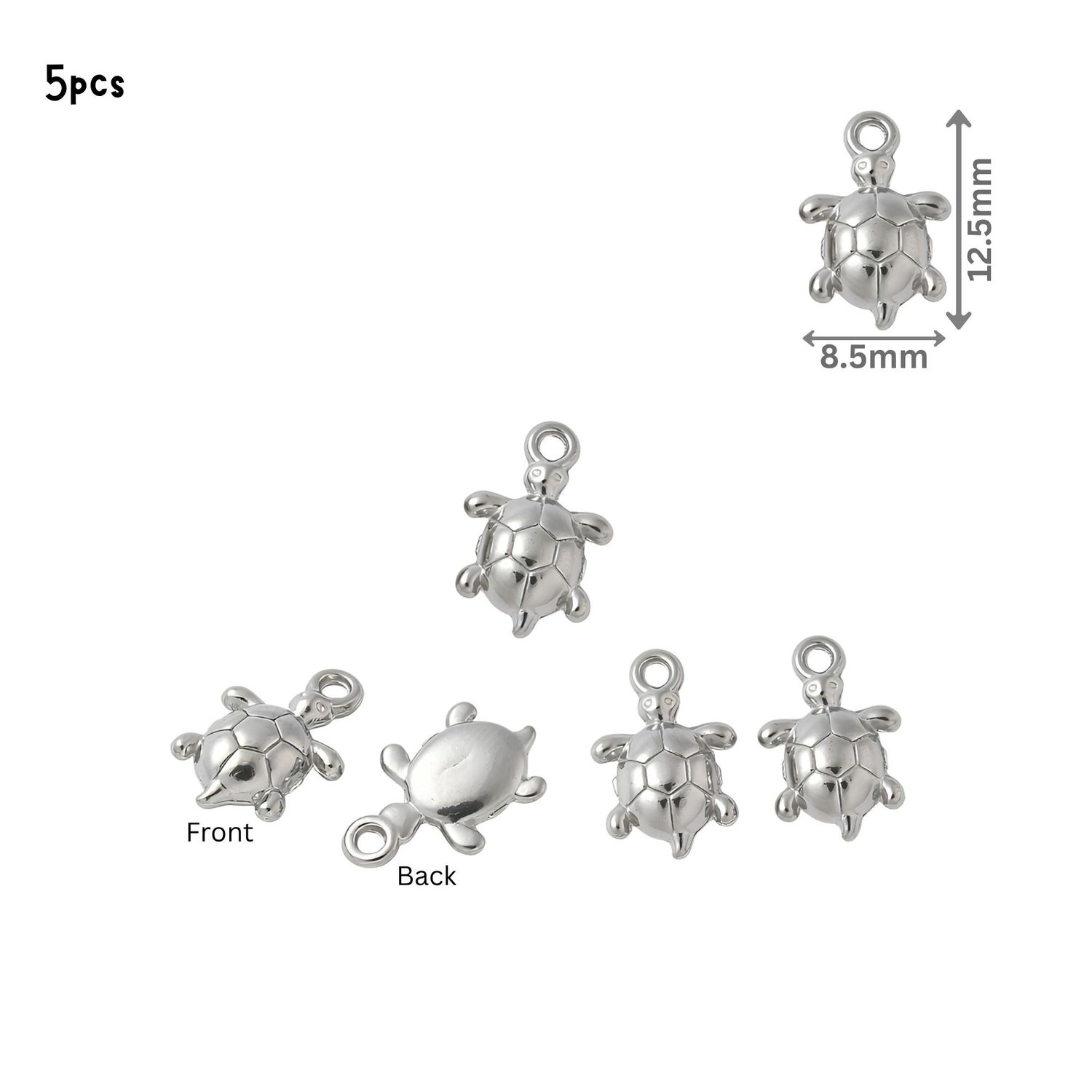Stainless Steel Turtles, 5pcs, 12.5x8.5x3mm, Hole 1.2mm, Charms/Pendants, 0.14oz