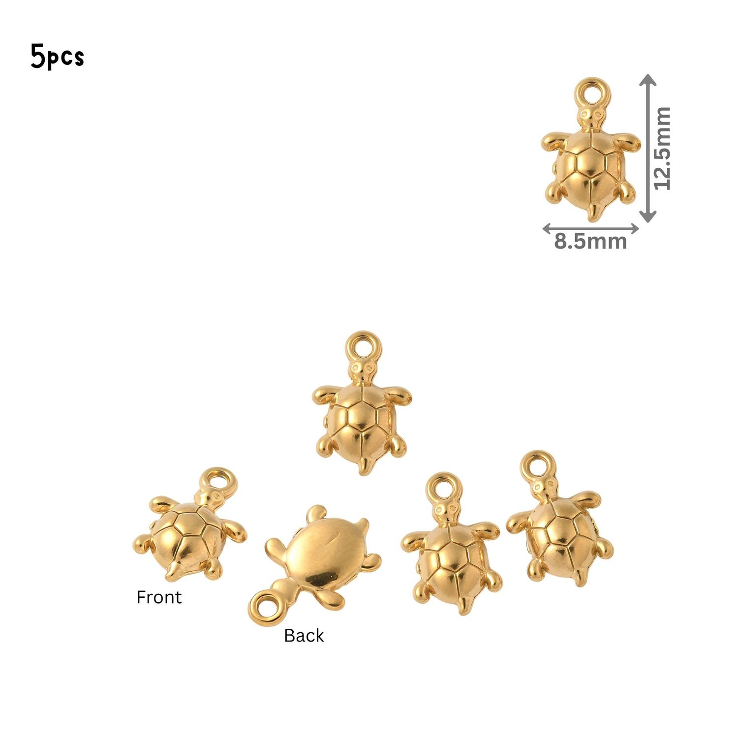 GP Stainless Steel Turtles, 5pcs, 12.5x8.5x3mm, Hole 1.2mm, Charms/Pendants, 0.14oz