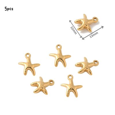 GP Stainless Steel Starfish, 5pcs, 13x11x3.5mm, Hole 1.2mm, Charms/Pendants, 0.14oz