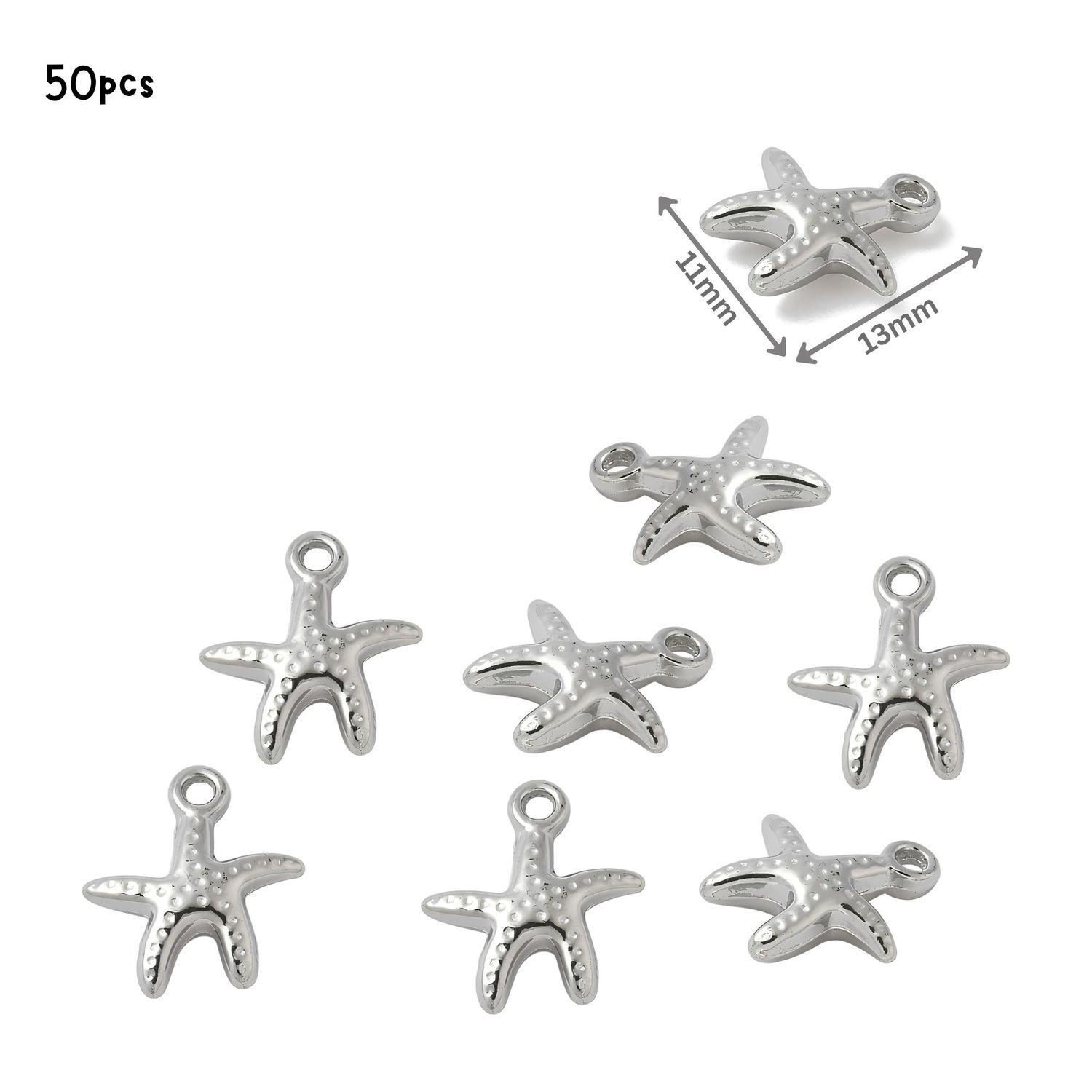Stainless Steel Starfish, 50pcs, 13x11x3.5mm, Hole 1.2mm, Charms/Pendants, 1.48oz