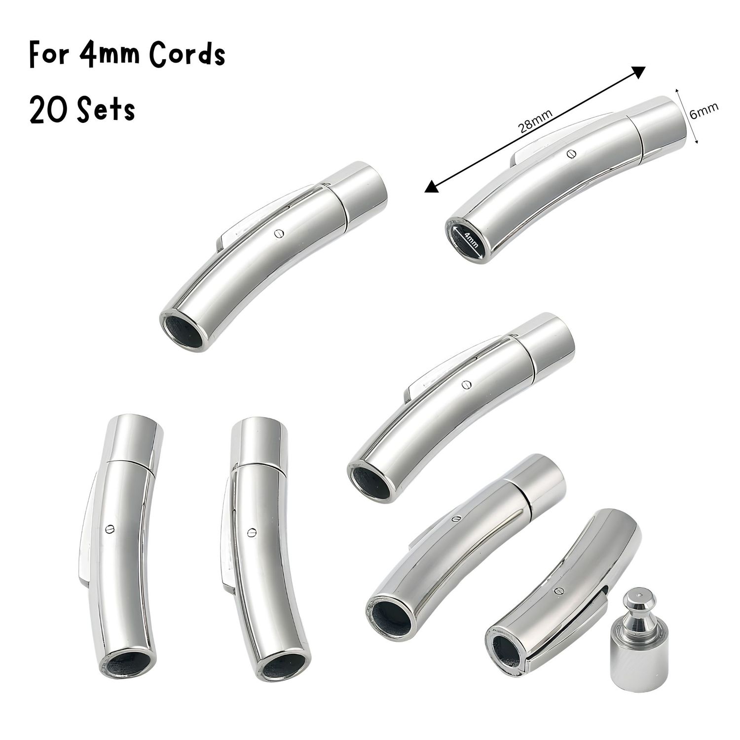 Stainless Steel Bayonet Clasps, 20 Set, 28x6x6.5mm, For 4mm Cords, 3.03oz