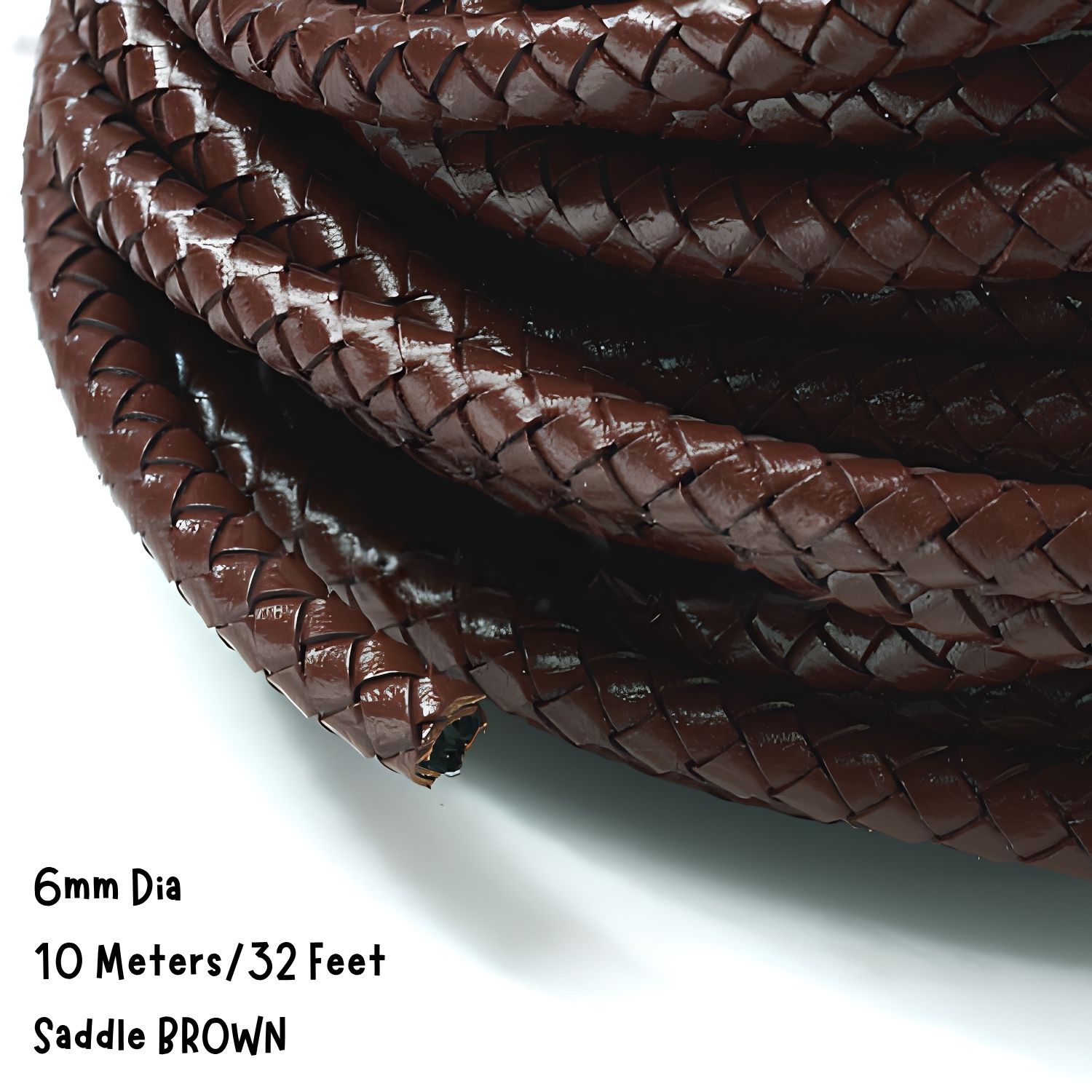 6mm Braided Leather Cord, Saddle Brown, 10 Meters/32 Feet, 7.87oz