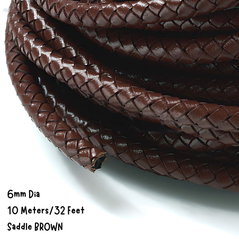 6mm Braided Leather Cord, Saddle Brown, 10 Meters/32 Feet, 7.87oz