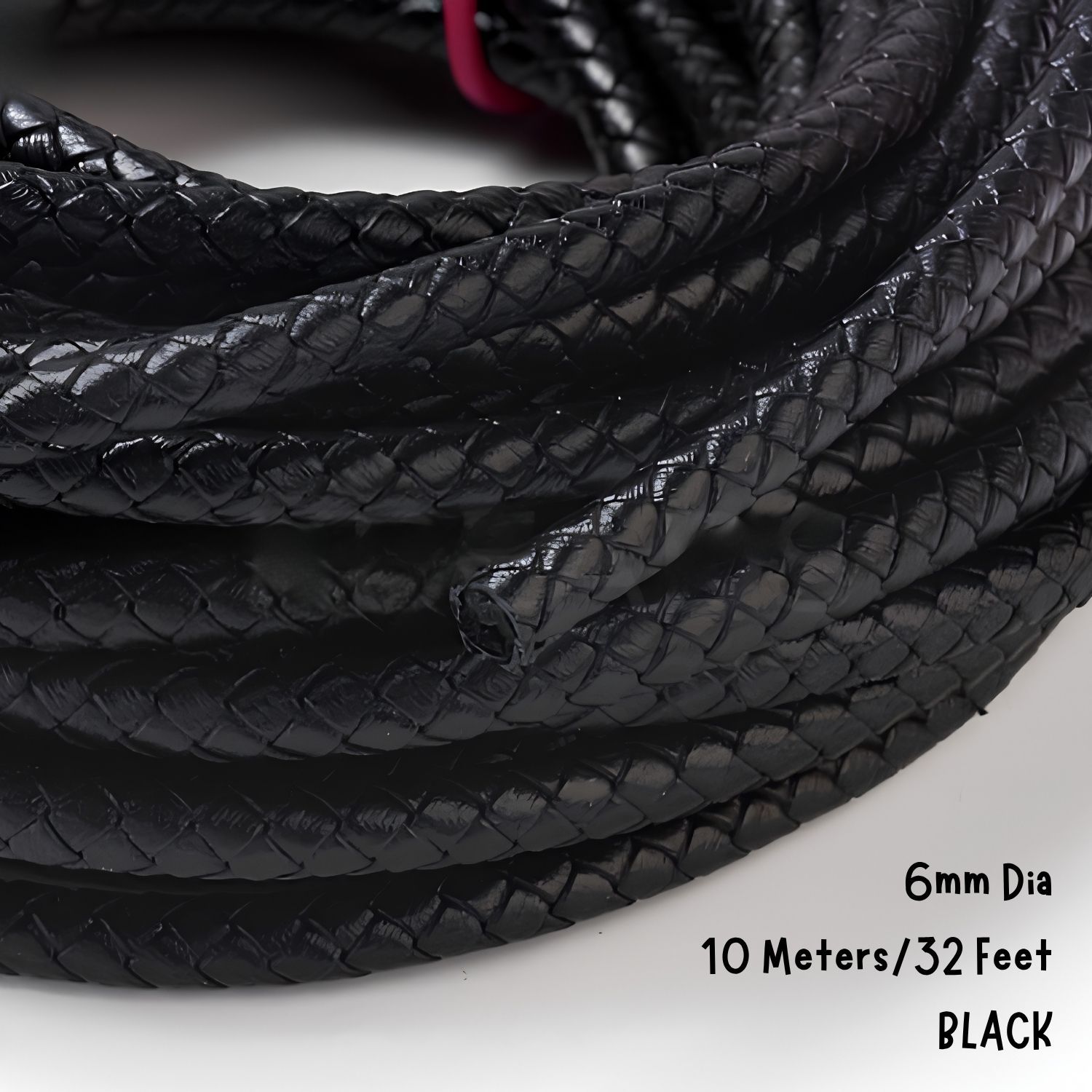 6mm Braided Leather Cord, Black, 10 Meters/32 Feet, 7.87oz