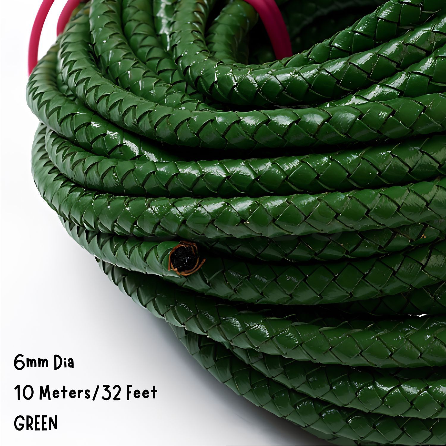 6mm Braided Leather Cord, Green, 10 Meters/32 Feet, 7.87oz