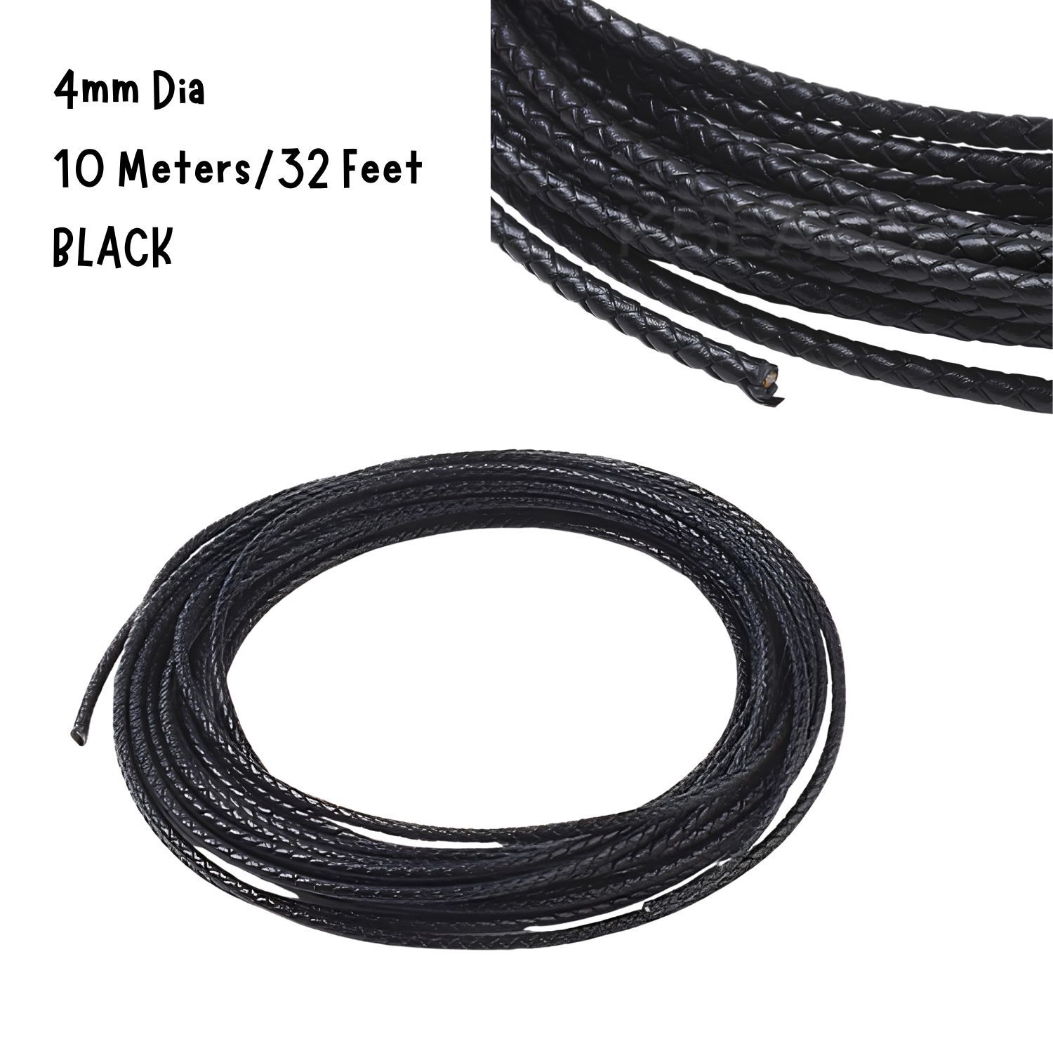 4mm Braided Leather Cord, Black, 10 Meters/32 Feet, 3.60oz