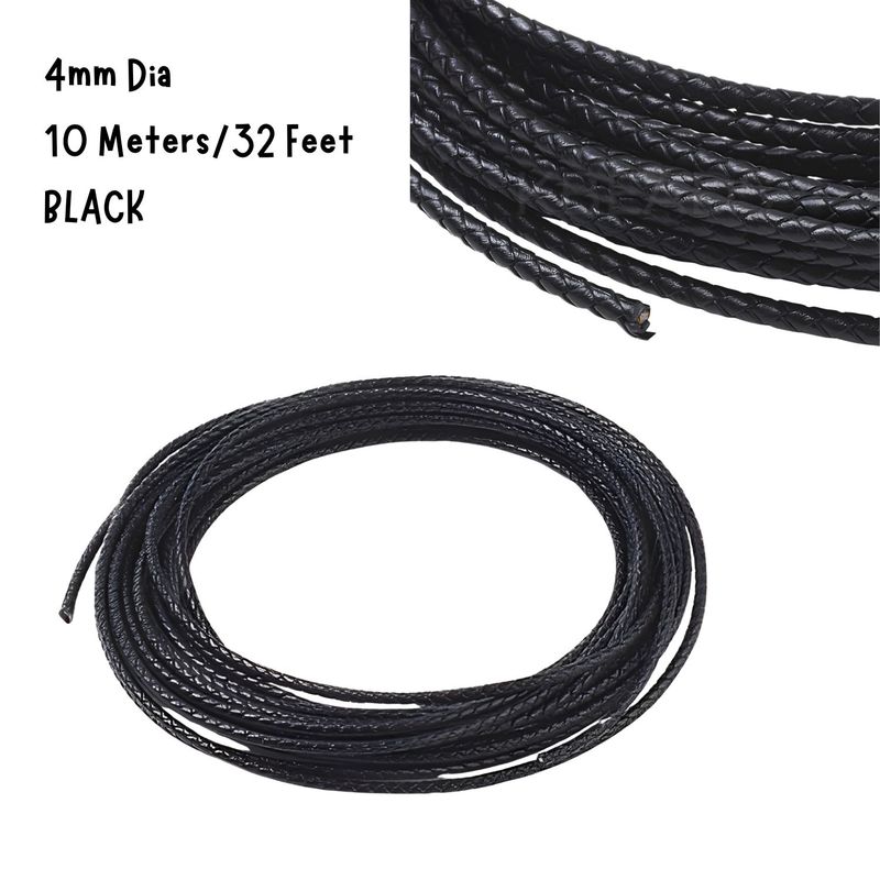 4mm Braided Leather Cord, Black, 10 Meters/32 Feet, 3.60oz