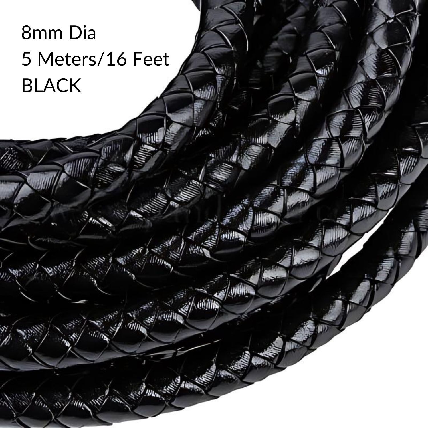 8mm Braided Leather Cord, Black, 5 Meters/16 Feet, 6.17oz