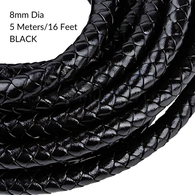 8mm Braided Leather Cord, Black, 5 Meters/16 Feet, 6.17oz