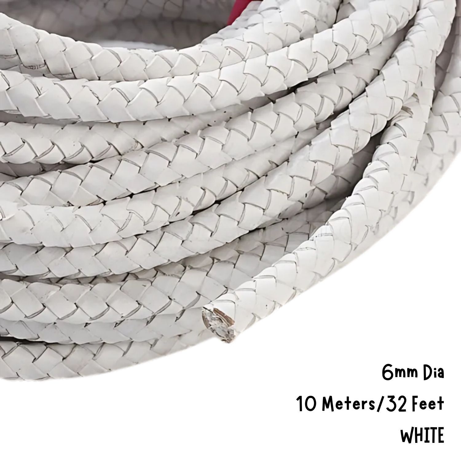 6mm Braided Leather Cord, White, 10 Meters/32 Feet, 7.87oz