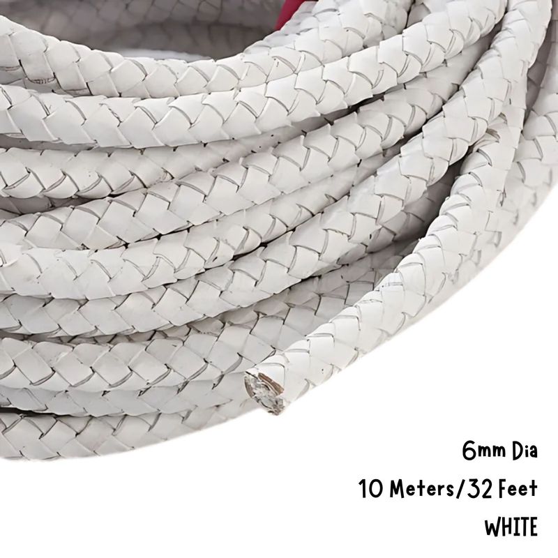 6mm Braided Leather Cord, White, 10 Meters/32 Feet, 7.87oz