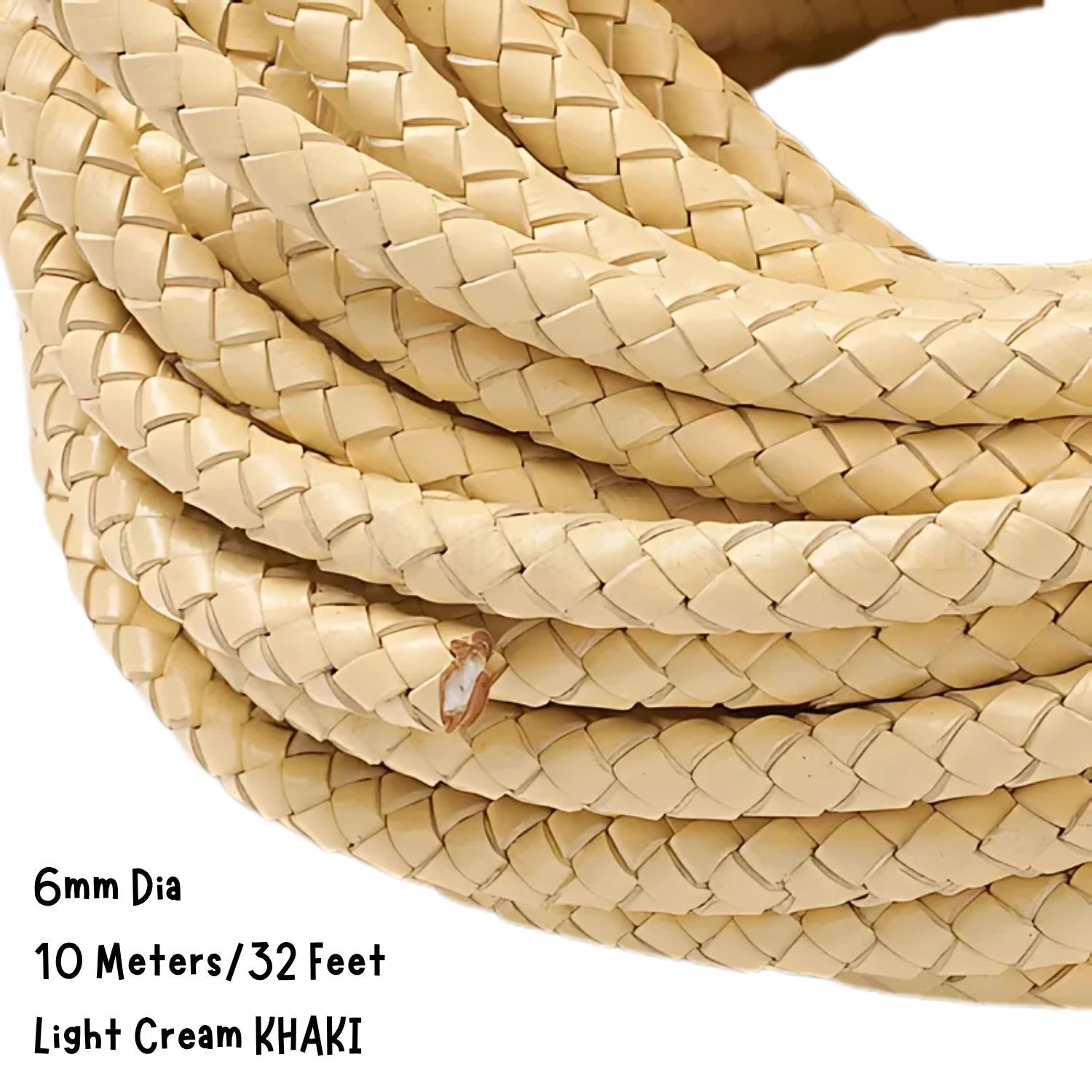 6mm Braided Leather Cord, Light Cream Khaki, 10 Meters/32 Feet, 7.87oz