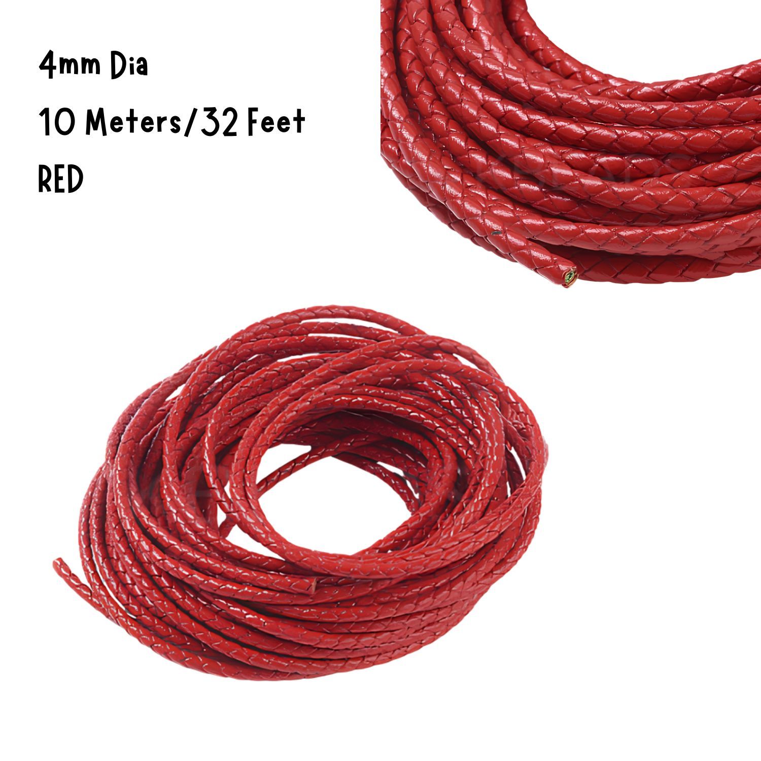 4mm Braided Leather Cord, Red, 10 Meters/32 Feet, 3.90oz