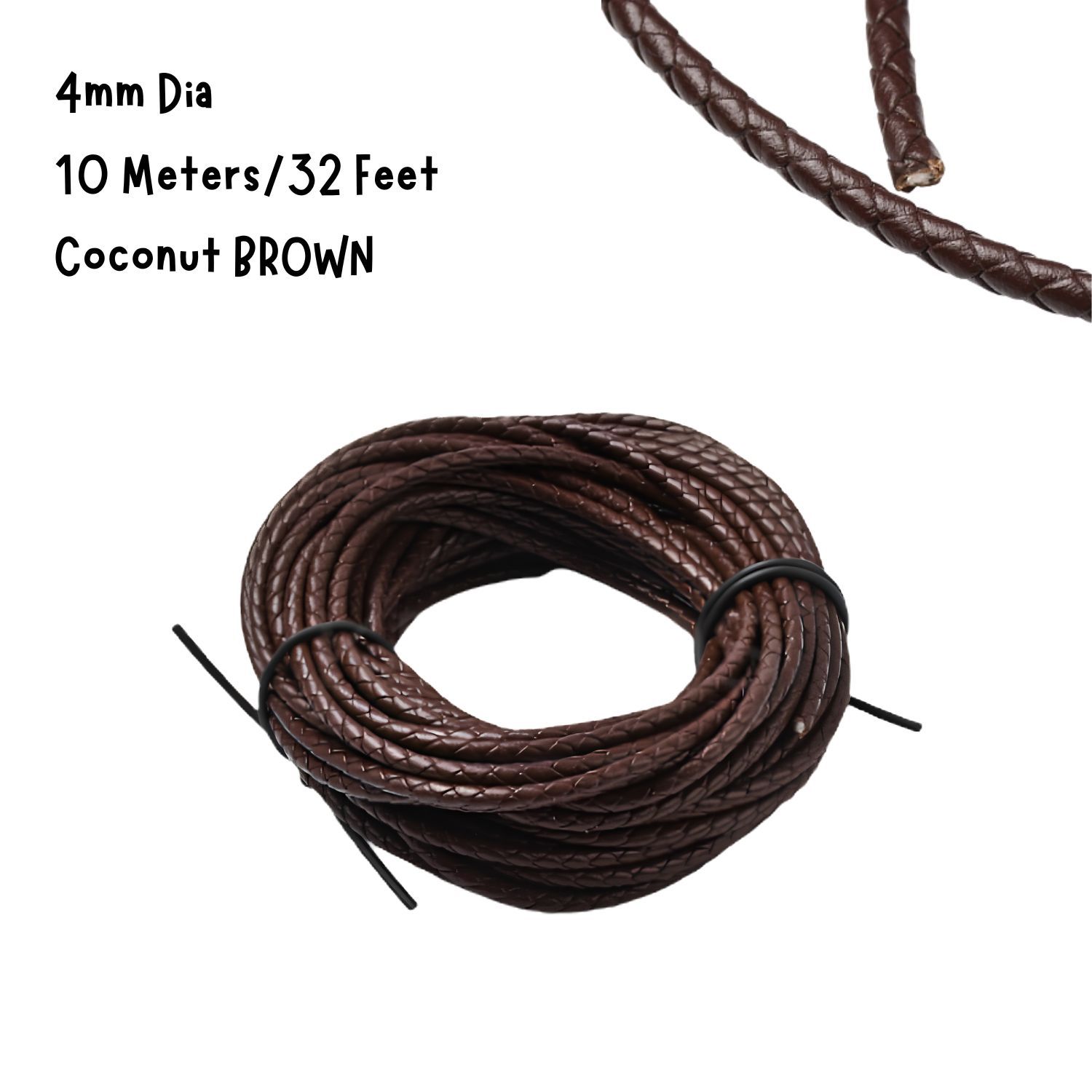 4mm Braided Leather Cord, Coconut Brown, 10 Meters/32 Feet, 3.60oz