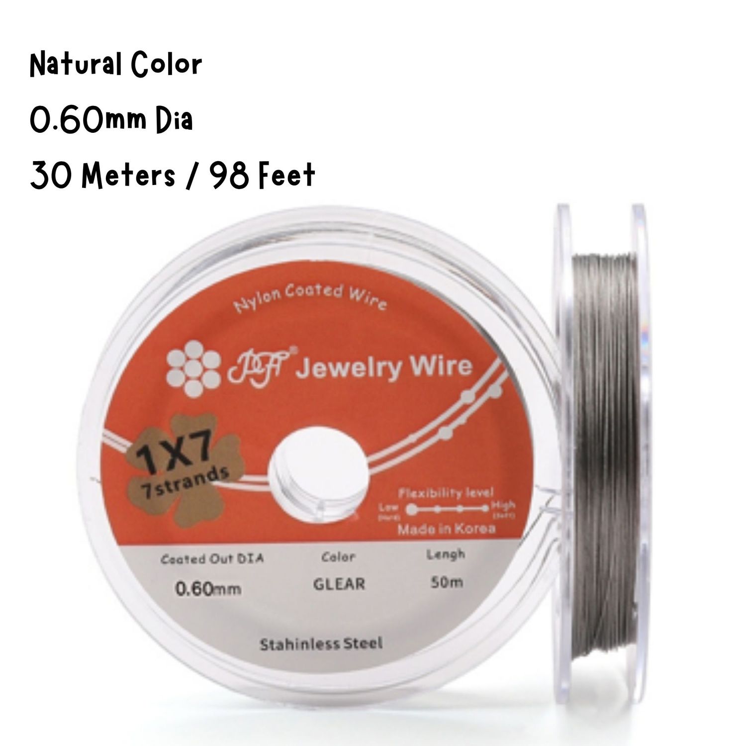 Soft Tiger Tail Wire, 7 Strands, Nylon-coated Stainless Steel, 0.024"/0.60mm, 30 Meters, 98 Feet, 1.27oz