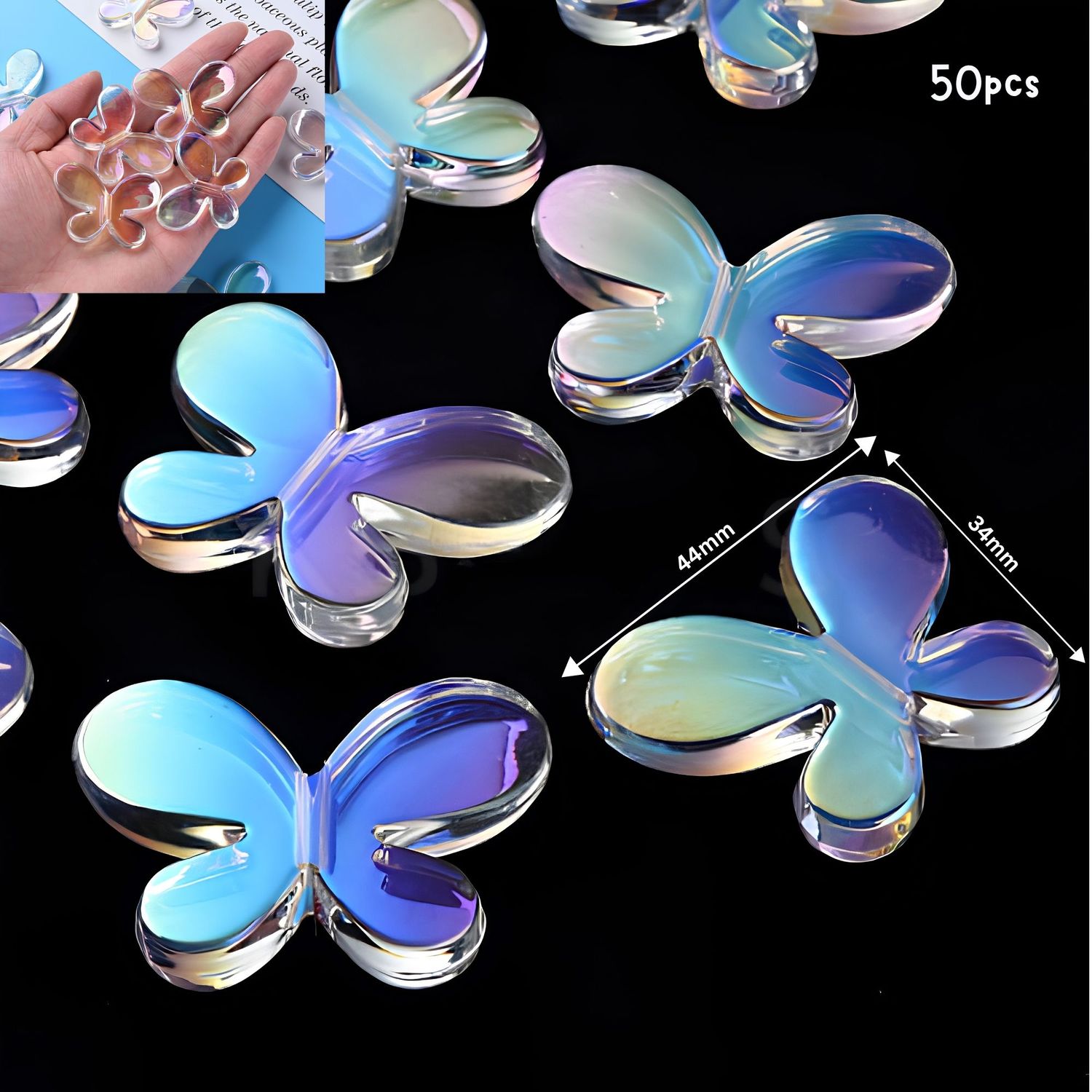 34x44x8mm Acrylic Beads, Butterflies, Clear AB, Approx 50pcs, Hole 3mm, 3.40oz