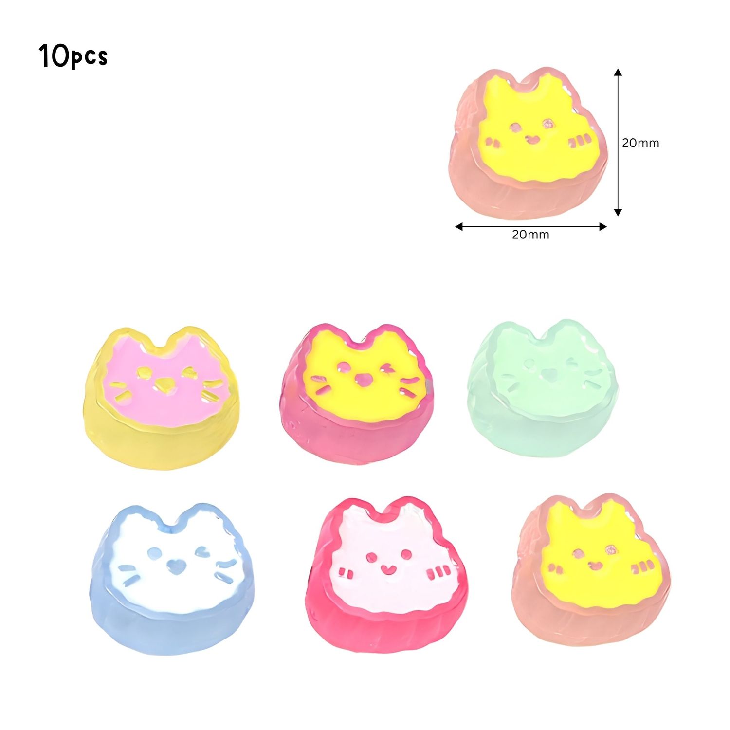 Acrylic Cat Face Beads, 20x20mm, Mixed Colors, 10pcs, Hole 2mm, 1.02oz