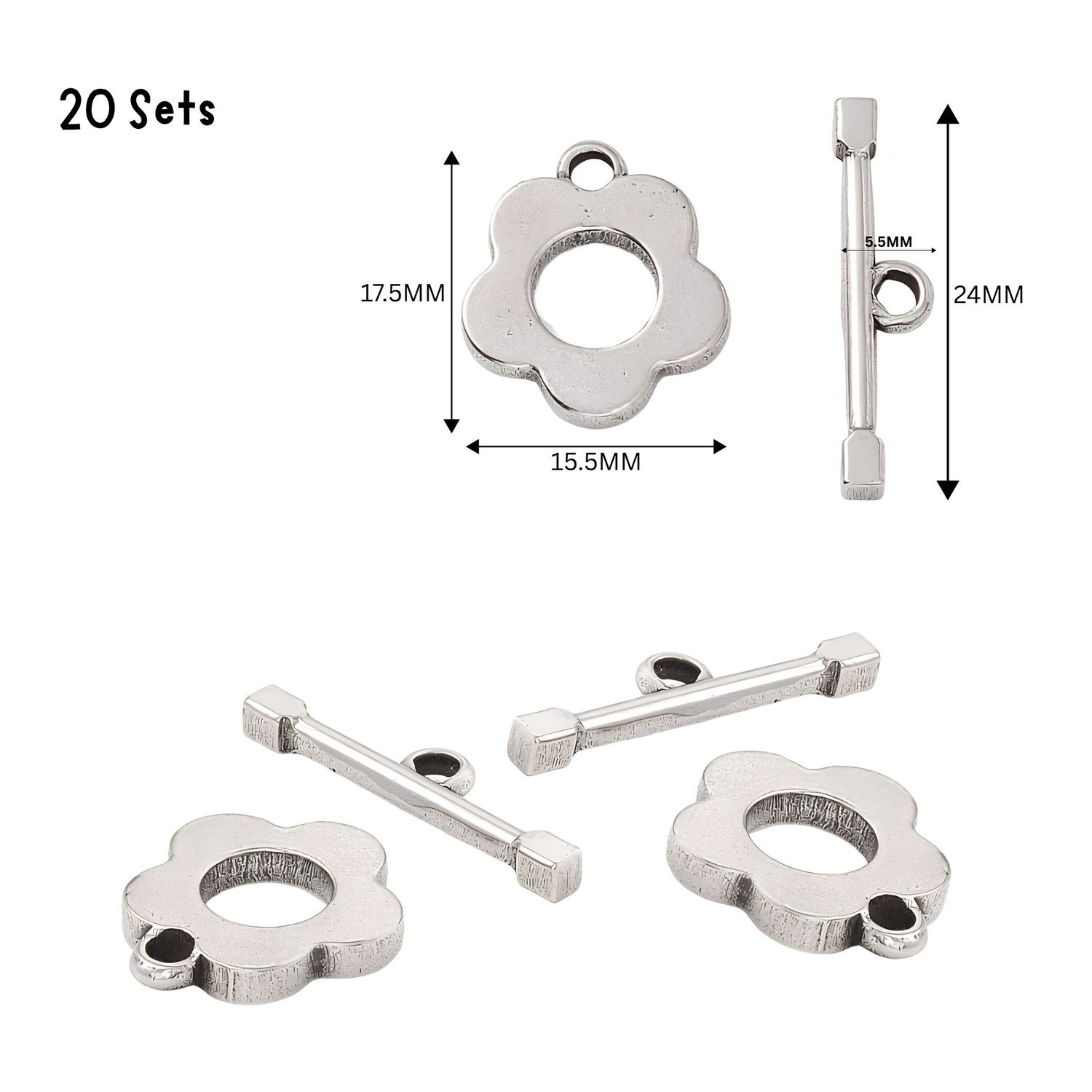 Stainless Steel Flower Toggles, Clasps, 20 Sets, Rings 17.5x15.5x2.5mm, Bars 5.5x24x2.5mm, Hole 2.5mm, 2.43oz