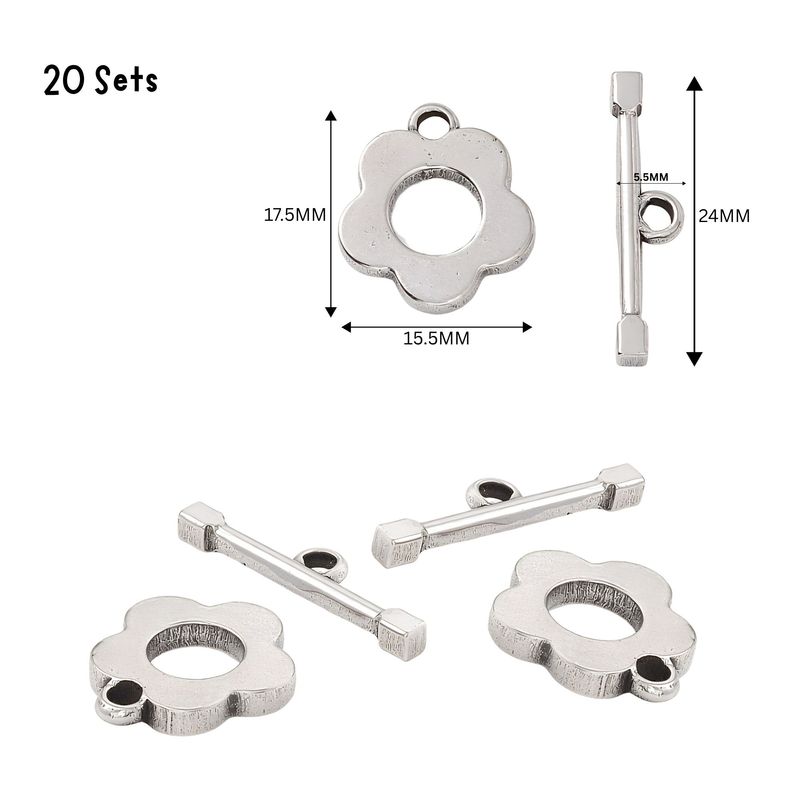 Stainless Steel Flower Toggles, Clasps, 20 Sets, Rings 17.5x15.5x2.5mm, Bars 5.5x24x2.5mm, Hole 2.5mm, 2.43oz